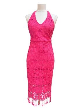 Siena Hot Pink Crochet Lace Halter Midi Dress Fringe Hem Size 4